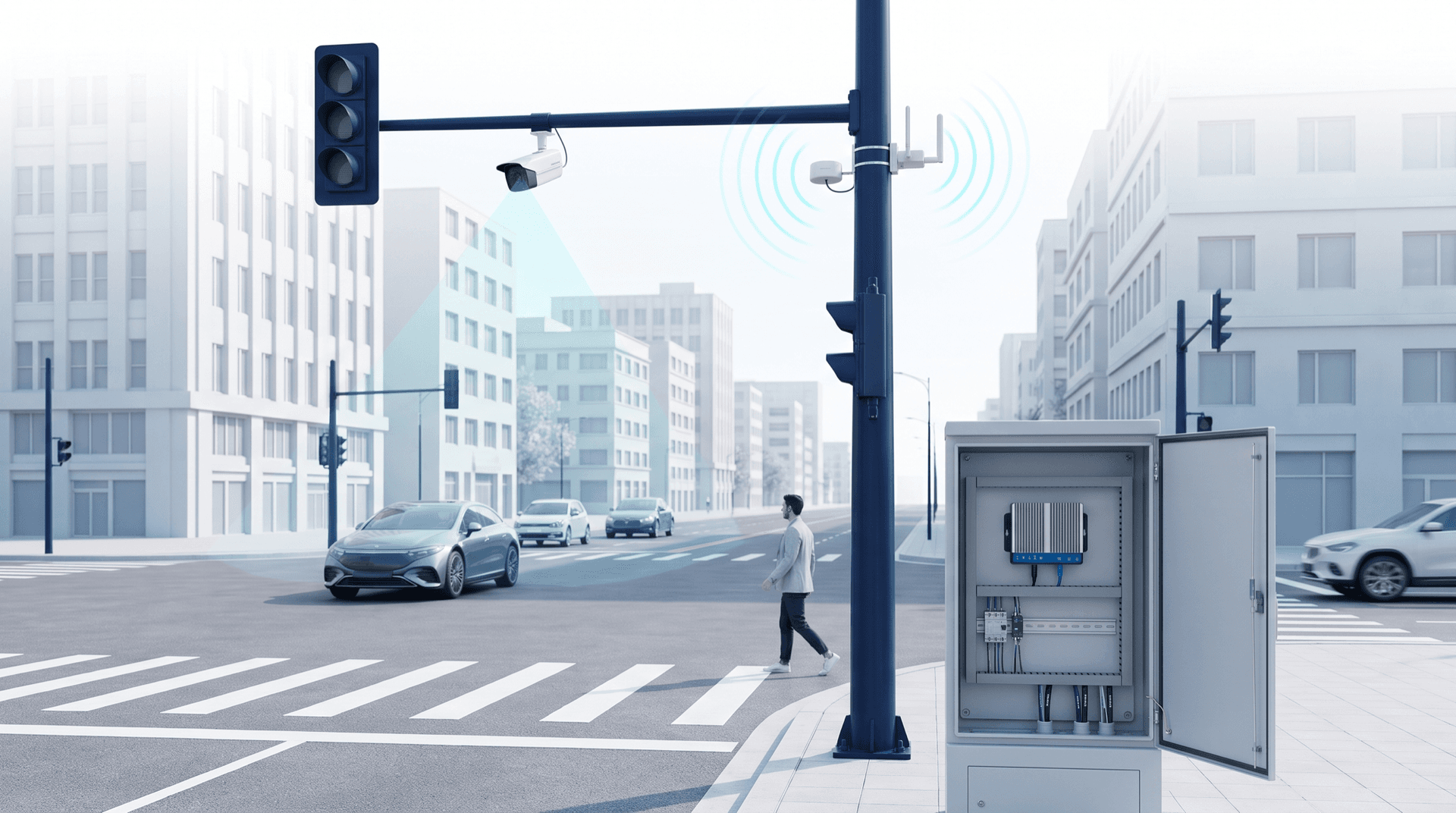 A signalized intersection deployment: an existing traffic camera and a C-V2X antenna kit on the mast-arm pole, with the compact K-RSU node mounted inside the open roadside signal cabinet.